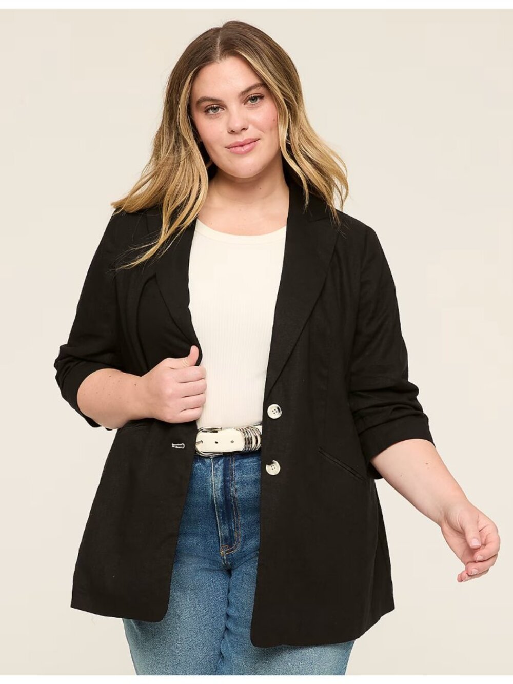 NWT LANE BRYANT Linen Blend Ruched 3/4 Sleeve Blazer in Black Size 22